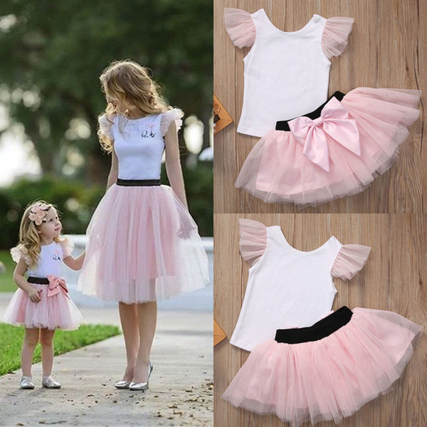 Family Matching Mommy Baby Women Kid Girls T-shirt Tulle Tutu Skirt Dress Outfit