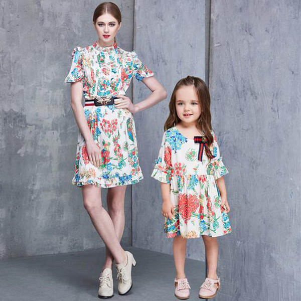 Quality Good Family Matching Outfits Europe American Cute Printing Doll Seeve Small Floral Mother Daughter Dresses