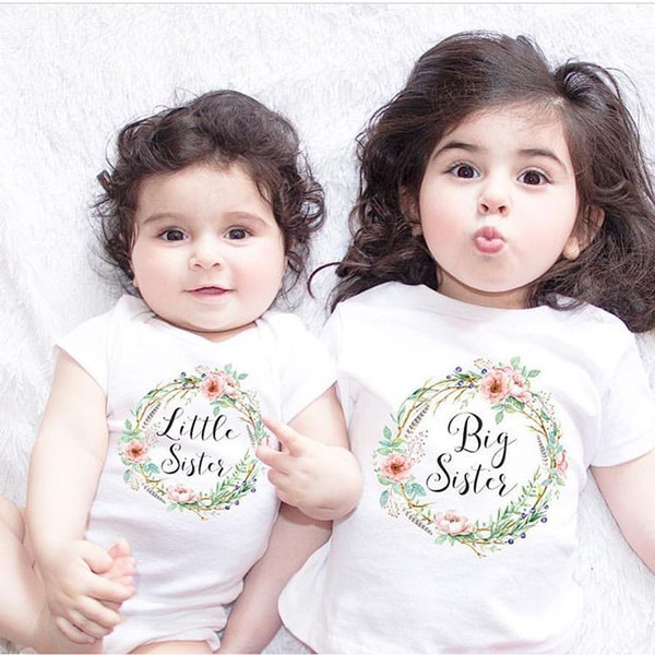 Fashion Baby Girls Sisters Matching Outfits Big Sisters Floral Letters Printed T shirt+Little Sisters Printed Rompers Family Suits FOC01