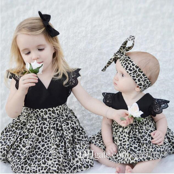 Baby girls Summer leopard print dresses kids hair bow Clip +lace sleeve dress little sisters matching black romper infant cloth FOC04