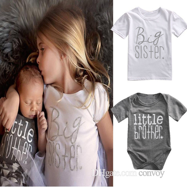 INS hot Baby Girls Boys Matching Outfits Big Sisters Letters Print T shirt+Little Brother Rompers Cute Summer Family Suits Clothing FOC03