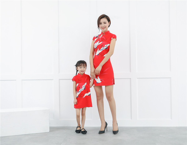 Shanghai Story Chinese Traditional Dress for Women and girls The Parent-child Attire Carne Print Red Cheongsam Qipao