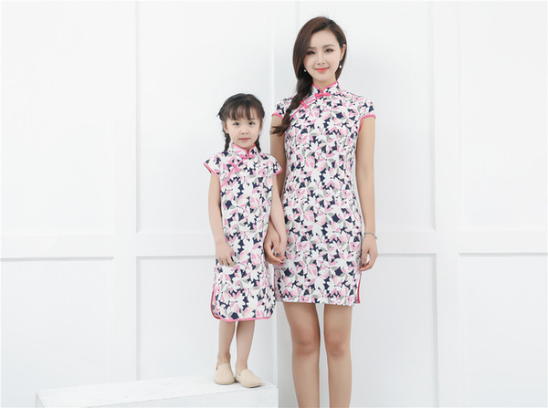 Shanghai Story Chinese Traditional Dress for Mum and Daughter The Parent-child Attire Blend Linen Cheongsam Flower Print Qipao