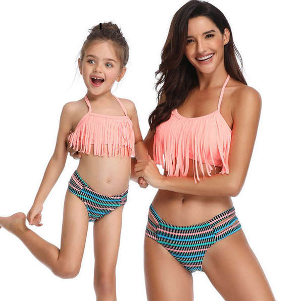 Family match swimsuit mother daughter fringes bikini swimwear Bohemia tropic fashion beach suit top quality boutiques