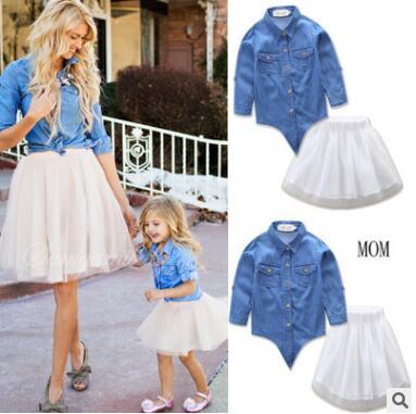 Mother and Daughter Matching Dress 2017 Summer Denim Jacket Tops Tulle TUTU Skirts Mother and Daughter Clothes Family Clothing 384