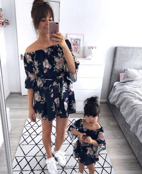 mommy and me matching outfits Girls dew shoulder princess dress kids slash neck floral printed falbala sleeve Bows belt beach dress F6387