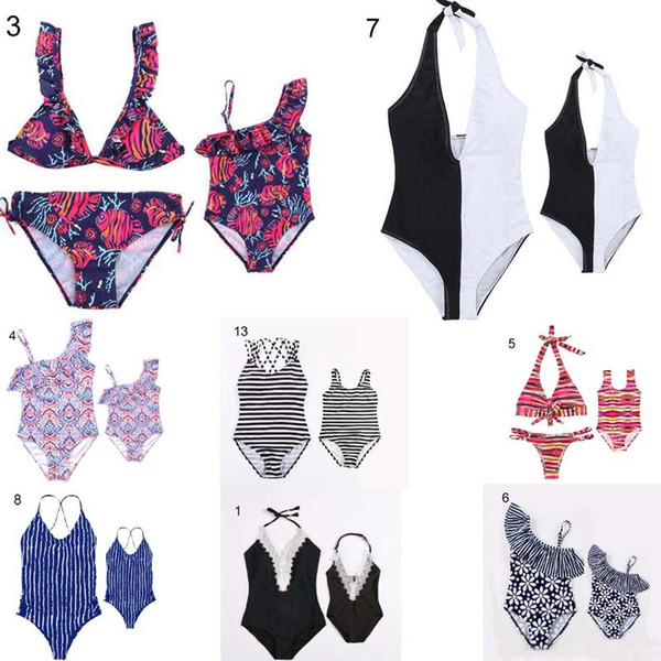 Family Beach Bikini Sets Holiday Swimsuits Mother Daughter Family Matching Stripped Flowers Print one piece Bikinis Free Ship