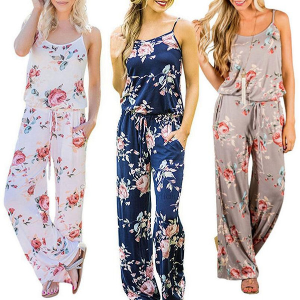 Women Spaghetti Strap Floral Print Romper Jumpsuit Sleeveless Beach Playsuit Boho Summer Jumpsuits Long Pants 3 Colors OOA4330