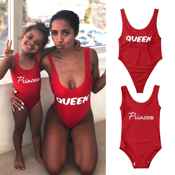 Women Girls Family Matching Swimwear Kids Baby Girl Sleeveless Bodysuit Princess Queen One-piece Swimsuit Bathing Beachwear