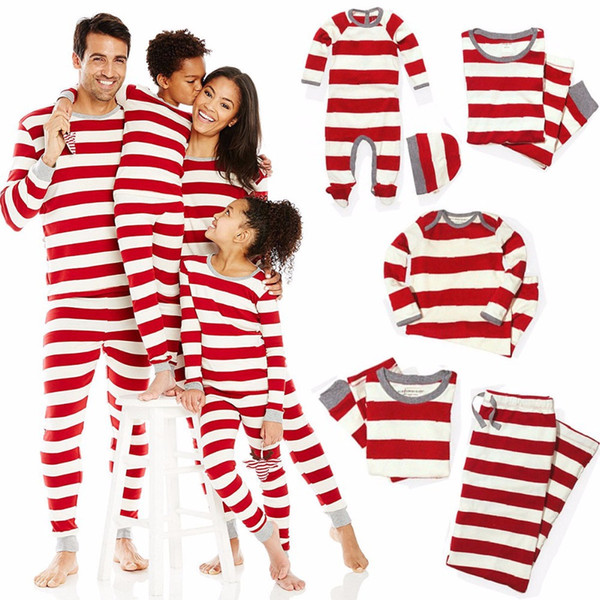 Christmas Matching Family Pajamas Red Striped Nightwear Baby Kid Adult XMAS Gifts Family Matching Jumpsuits Rompers