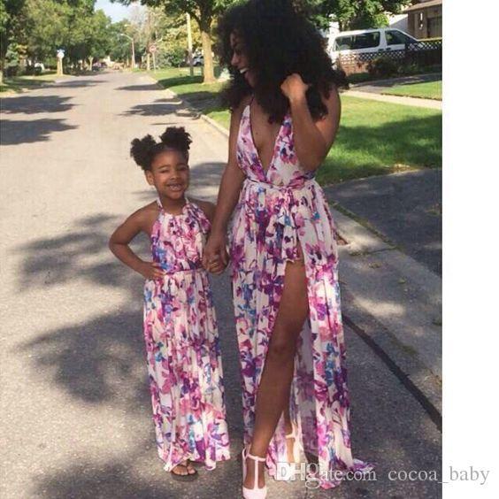 Mother daughter dresses Cherry 2017 Print dress Family Matching Outfits Half Sleeve Mother's dress and sleeveless Girl Dress