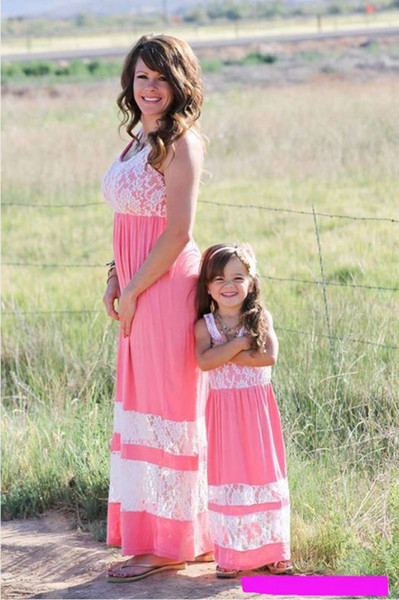 2017 Family Matching Outfits Mother And Daughter Summer Sleeveless Dresses Lace Pactwork Dress Kids Parent Child Outfits