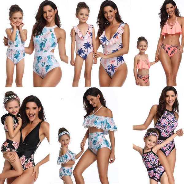 31 styles fashion hot selling Mother Daughter Swimwear Bikini outfits swimwear beach women girl ruffles flower Plaid print bikini sets