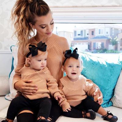 2018 New Mom Daughter Fashion Sweater Clothing Off Shoulder Long Sleeve Sweaters Mother and Kids Knit Pullovers Family Outfits