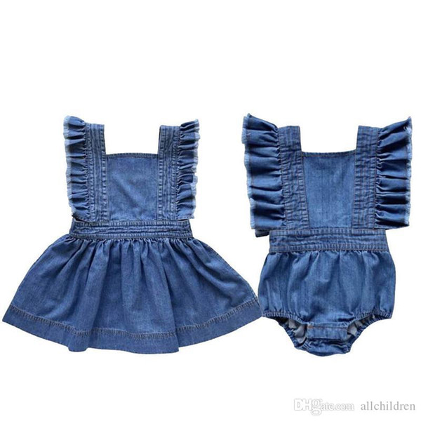 Newborn Kids Baby Girls Sister Matching Denim Jumpsuit Romper Dress Denim Sleeveless Ruffles Backless Bodysuit Outfits Set 0-5T