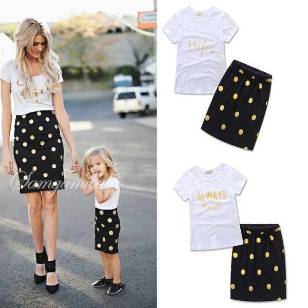 Mother and Daughter Clothes Summer Clothing Dress Baby Girls Kids Suit Outfits letter White T shirt Tops dots skirt Children Set wear A255