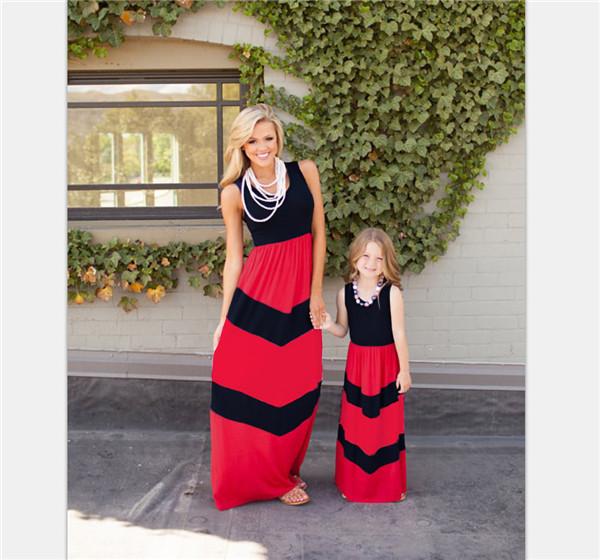 Summer Style Family Matching Outfits Mother Daughter Dresses Contrast Color blue A-Line Dress Ankle-Length Mother & Kids Clothes