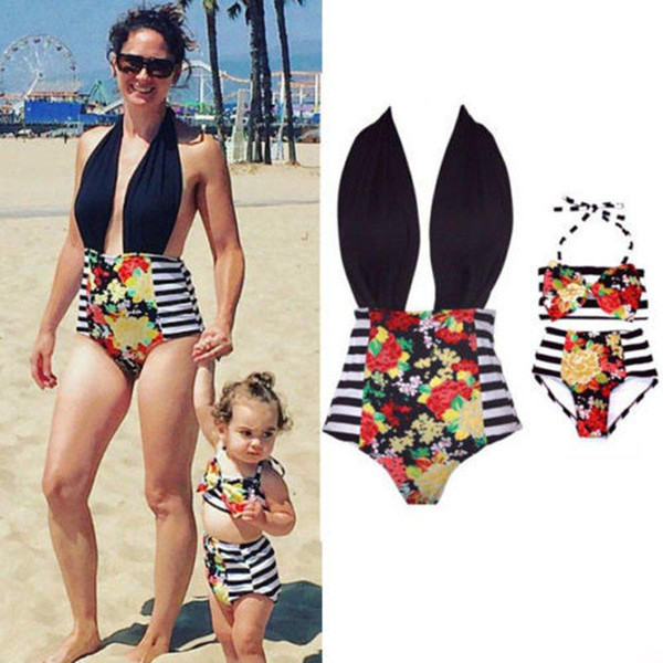 2017 Family Matching Outfits Mother And Daughter Summer Swimsuit Kids Parent Striped Swimwear Baby Girls Clothes