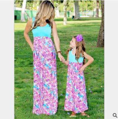 Mommy And Daughter Family Matching Outfits Dress Mother Daughter Bohemian Floral Beach Dress Vest Sleeveless Patchwork Dresses