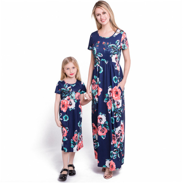 Mother and daughter matching dresses Women Floral Printed Long Sleeve Empire Maxi Dress with Pocket