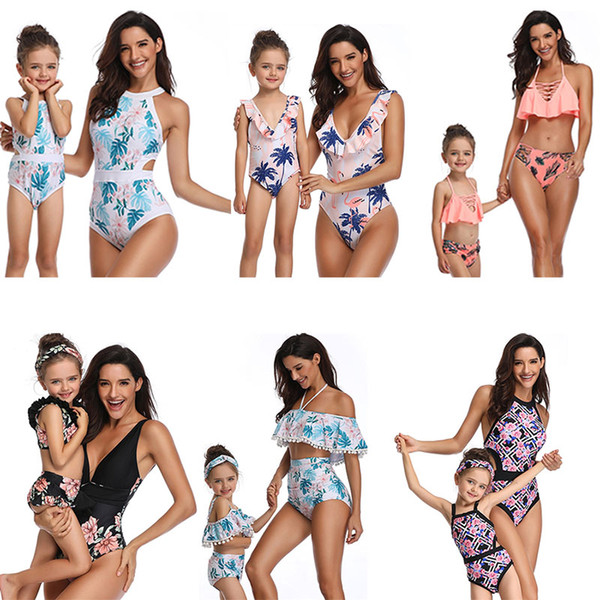 40 styles fashion Mother Daughter Swimwear Bikini outfits 2019 summer Swimsuit beach women girl ruffles flower Plaid print bikini sets C6138