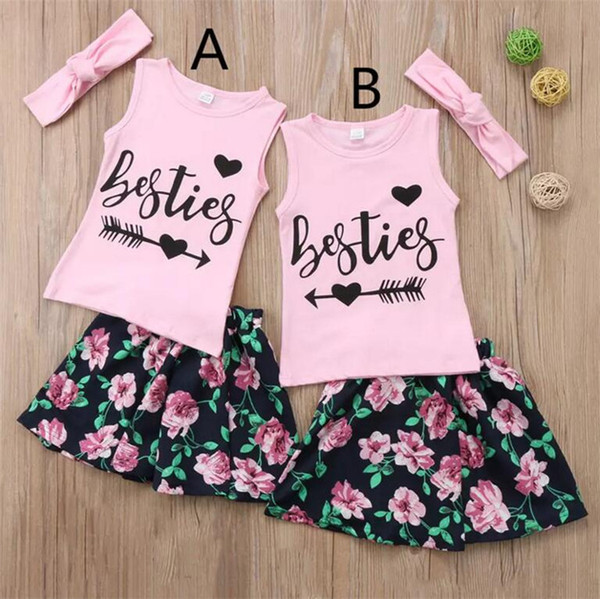 Baby Girls sisters summer outfits 3pc sets pink bow headband+besties arrow print sleeveless T shirt+flower skirt cute toddler girls clothing