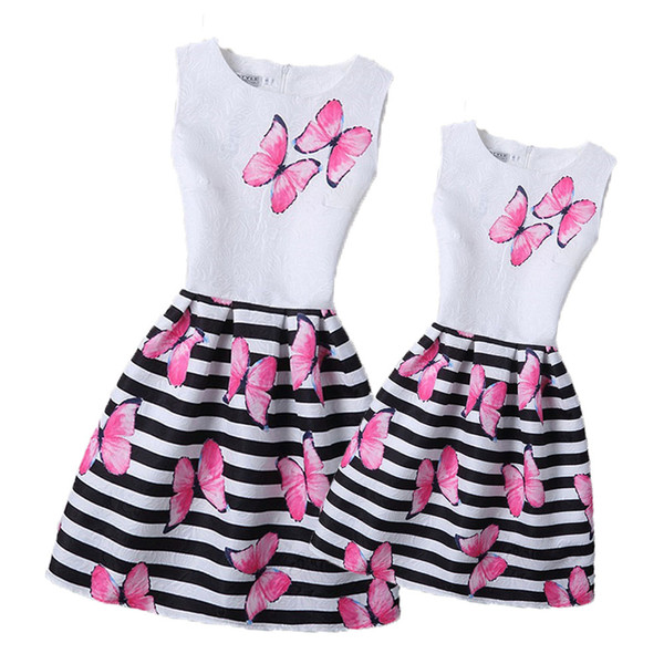 Mother Daughter Dress New Fashion Spring Girl Print Butterfly Dresses Girls Striped Clothing Family Matching Outfits Dress