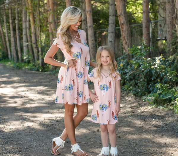 Mom And Daughter Dresses Family Matching Clothes Mommy And Me Floral Printing Outfits Dress