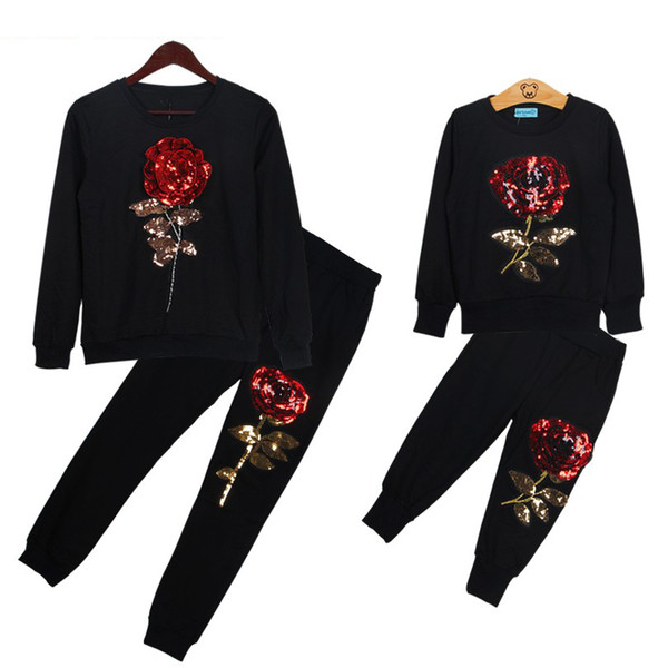 2017 New Spring Style Family Matching Outfits Mother And Daughter Long Sleeve Rose Floral Sweatshirt+Pants 2Pcs Suit