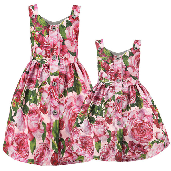 Mother and daughter matching dress summer floral printed Mom and me suspender dress kids V-neck single breasted princess dress Y1499