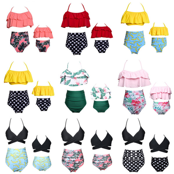 Mother Daughter Swimwear Women High Waisted Ruffle Top Off Shoulde Swimwear Bikini Set Kids Girls Beach Bathing Suit