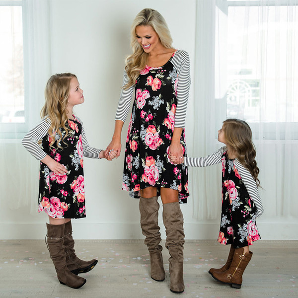 NASHAKAITE family matching clothes Striped Flroal Print Long Sleeve Dress Mother daughter dresses Mommy and me clothes