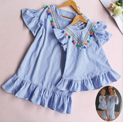 2019 New Style Mother Daughter Dresses Baby Girls Stripe Tassel Mini Dress Summer Family Look Mommy and Me Clothes