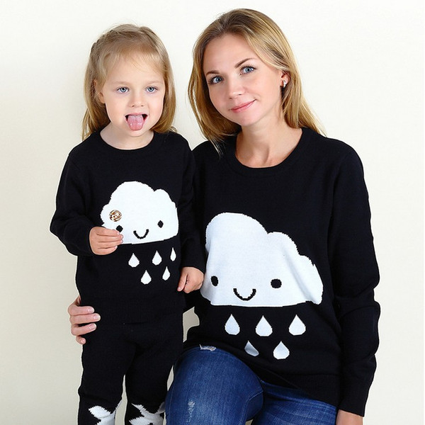 Autumn Winter Mother Daughter Sweater Matching Knit Pullover Cloud Rain Drops Clothes Mom and Baby Girls Family Outfits Kids Clothing