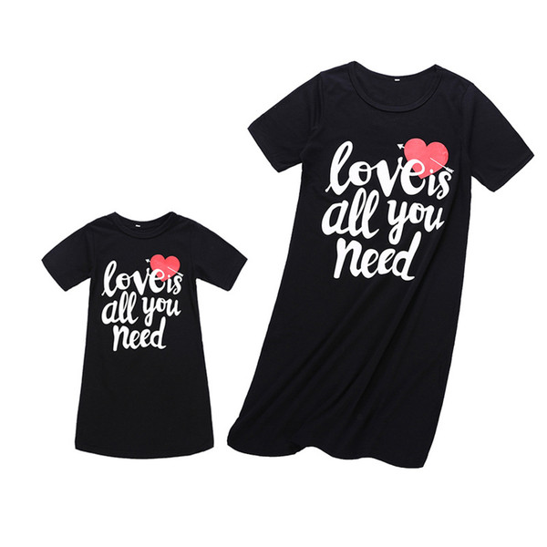 2018 new summwe mother and daughters dresses black letters printed loving heart short sleeve dresses family matching clothing