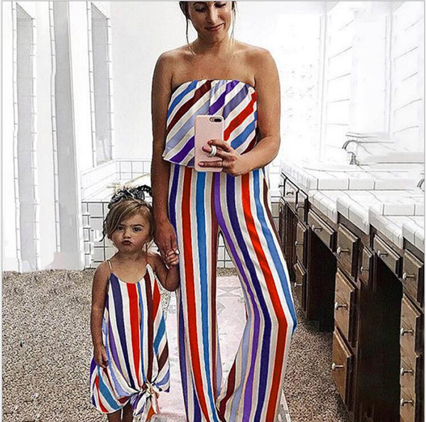 Baby Girl Clothes Mother Daughter Dresses Off Shoulder Jumpsuit Coloured striped pants Family Matching Clothes Mama Kids Girls Family Gifts