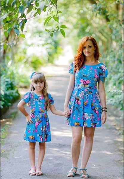 Mother And Daughter Blue Flower Dresses Baby Girls Floral Dress Kids Parents Summer Dresses Family Matching Outfits