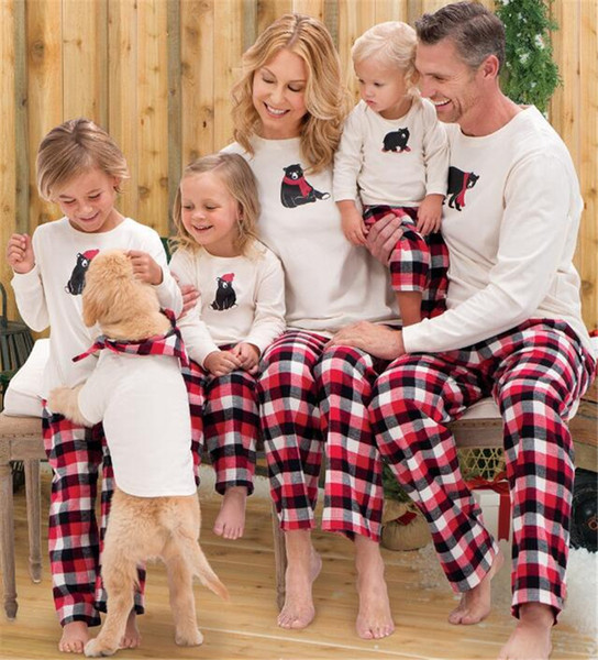 Christmas Plaid Pajamas Family Matching Outfit Cartoon Bear Pullover Top + Striped Grid Pants 2pcs Kids Adult Sleepwear Bedgown Nightwear