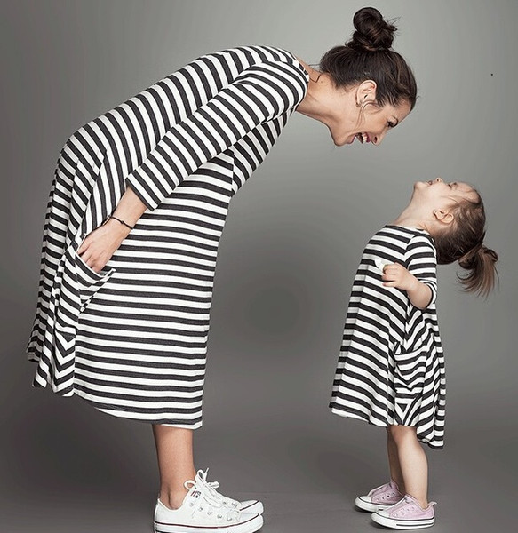 2018 Spring And Summer Hot Seller Daughter Dress White and Black Striped Cotton Maxi Dresses Girls Clothes