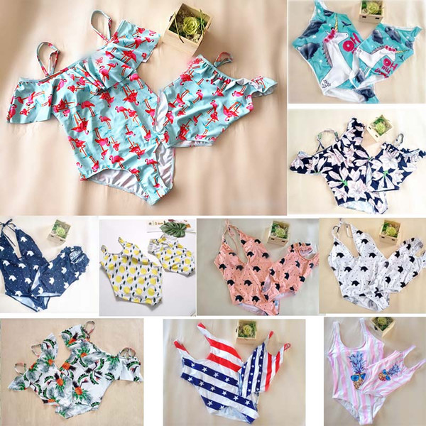 11 style fashion hot selling Mother Daughter Bikini outfits swimwear beach women girl ruffles flower Unicorn print bikini sets