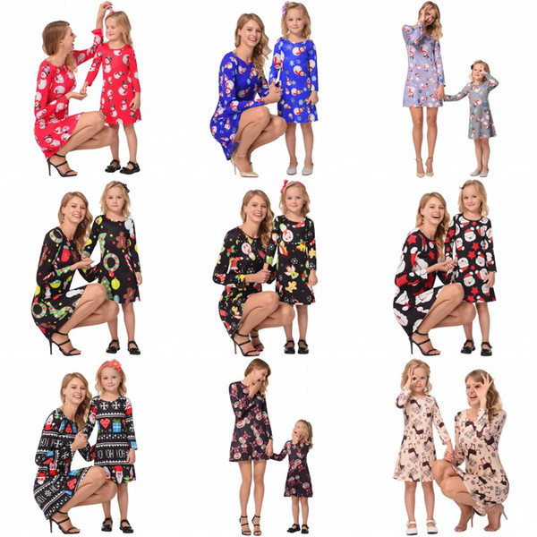 Family Matching Christmas Dress Outfits Mother And Daughter Clothes Long Sleeve Snowmen Snowflake Mom And Me Xmas Santa Claus Dresses