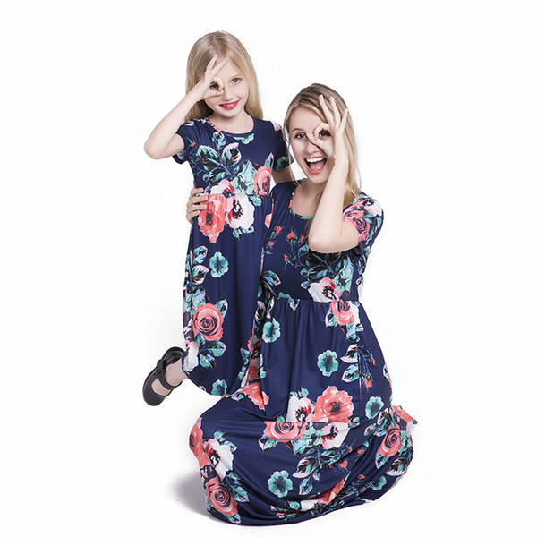 Summer Mother Daughter Matching Dresses Short Sleeve Flower Printing Splicing Long Dress 5Colors to Choose Family Matching Outfits