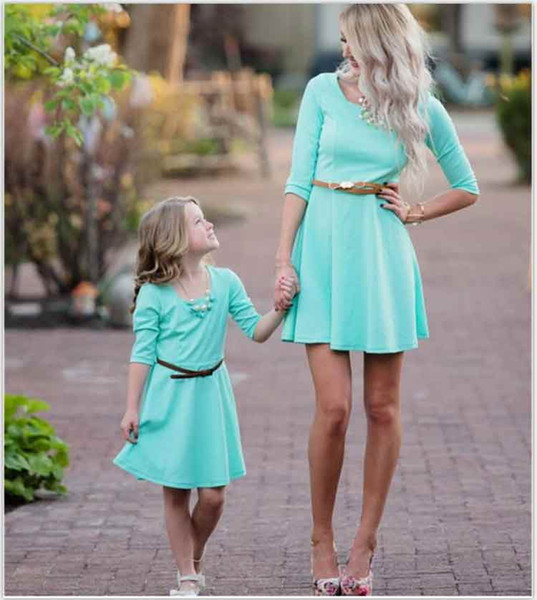 Mother Daughter Matching Casual Dresses 3/4 Sleeve Round Neck Lovely Children Girls Clothing Family Outfits