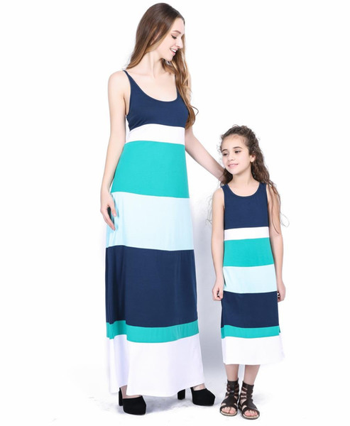 2019 Summer Children's Wear Clothing Sling Blue Green White Contrast Sleeveless Dress Parent-child Wear Kids Clothing