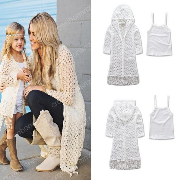 Mother and Daughter Matching Dress Set 2017 Summer Knitted Hollow Out Tassel Coat Vest Mother and Daughter Clothes Family Clothing