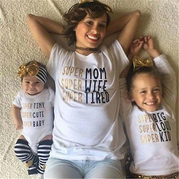 Family Summer Clothes Tops SPUER Mom Kid Baby Love Pattern Short Sleeve White T Shirt Cotton Matching Tees