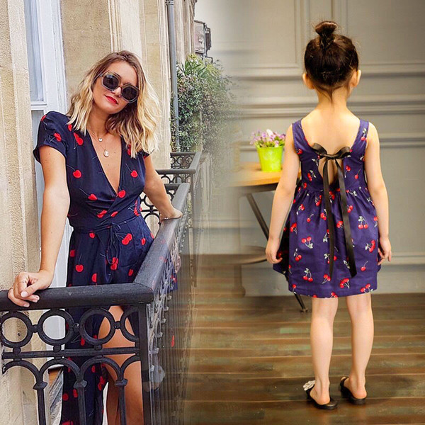 Summer Mom And Daughter Dress Matching Family Outfits Navy Blue Sleeveless Cherry Print Dress Mother Daughter Dresses V-neck