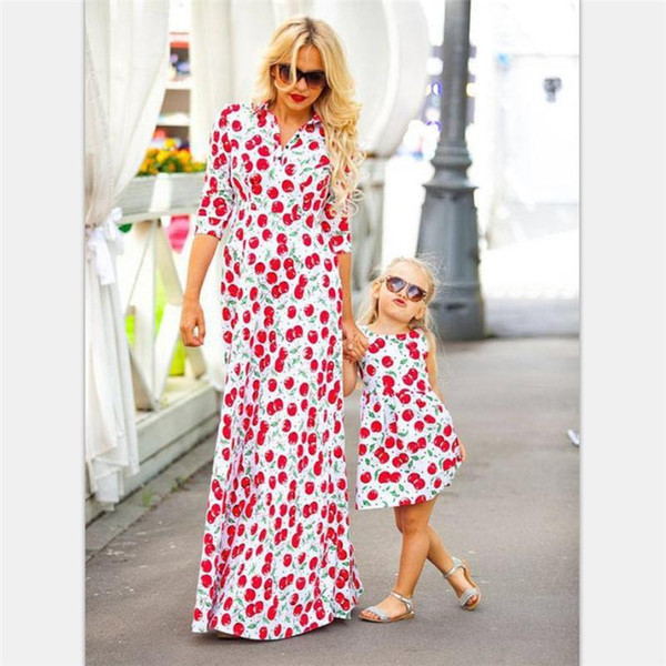 2019 Summer New Baby Girl women Mixi Cherry print Long dresses Mother daughter dress family look outfits Mommy me clothing