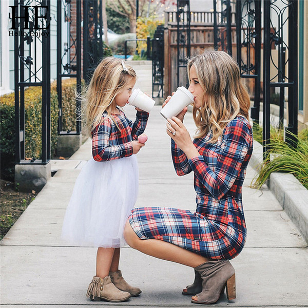 Nicely Mother Daughter Long Sleeve Plaid Family Dresses Mommy and Me Matching Outfits Moms And Girls Round Neck Plaid Shirt Clothes