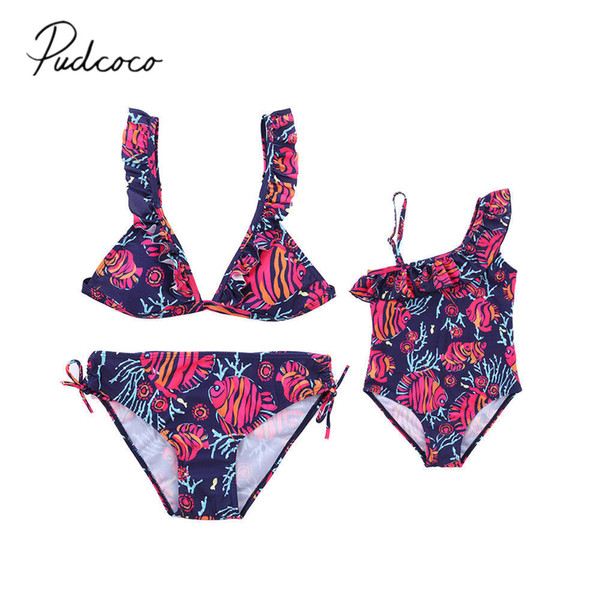 2019 Brand New Women Kids Family Matching Swimwear Mother Daughter Bikini Set Swimsuit Bathing Suit Tropical Fish Seaweed Print